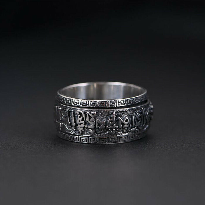Real Solid 925 Sterling Silver Rings Religions Om Mani Padme Hum Rotation Luck Jewelry Size 8-12