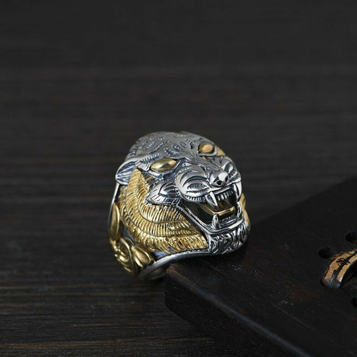 Real Solid 925 Sterling Silver Rings Tiger Head Animals Punk Jewelry Open Size Adjustable