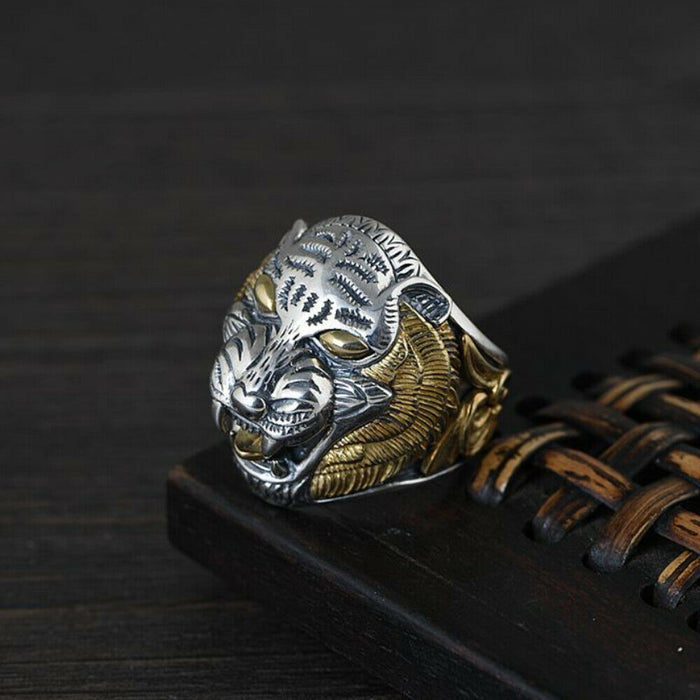 Real Solid 925 Sterling Silver Rings Tiger Head Animals Punk Jewelry Open Size Adjustable