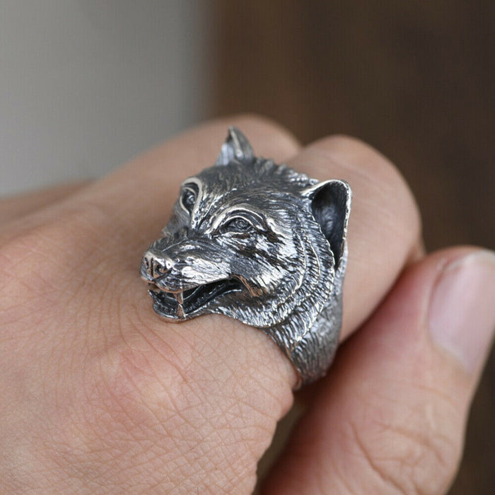 Real Solid 925 Sterling Silver Rings Wolf Animals Punk Jewelry Open Size Adjustable