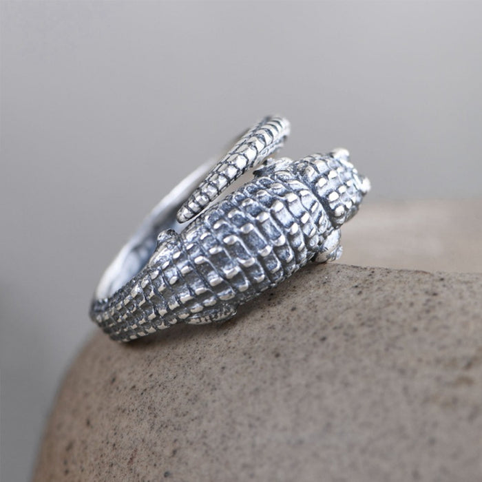 Real Solid 990 Pure Silver Rings Crocodile Animals Punk Jewelry Open Size Adjustable
