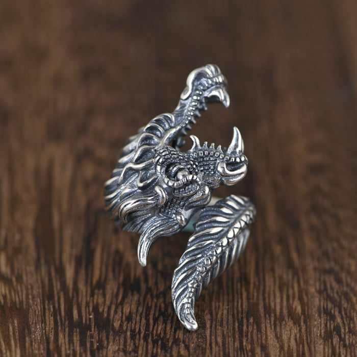 Real Solid 925 Sterling Silver Rings Dragon Animals Hip Hop Punk Jewelry Open Size Adjustable