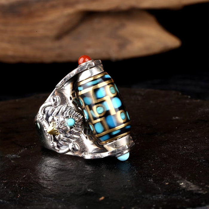Real Solid 925 Sterling Silver Turquoise Red Onyx Rings Big Bird Rotation Punk Jewelry Open Size Unisex