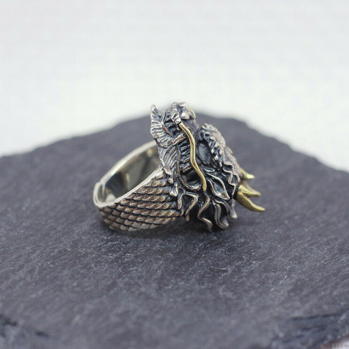 Real Solid 925 Sterling Silver Rings Dragon Head Animals Punk Hip Hop Jewelry Open Size Adjustable