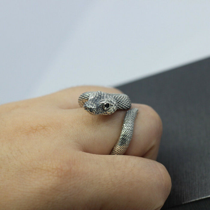 Real Solid 925 Sterling Silver Rings Viper Snake Animals Punk Jewelry Open Size 8-10