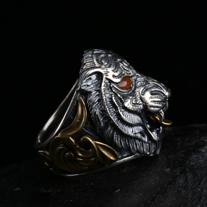 Real Solid 925 Sterling Silver Turquoise Red Onyx Rings Tiger King Animals Punk Jewelry Open Size Adjustable