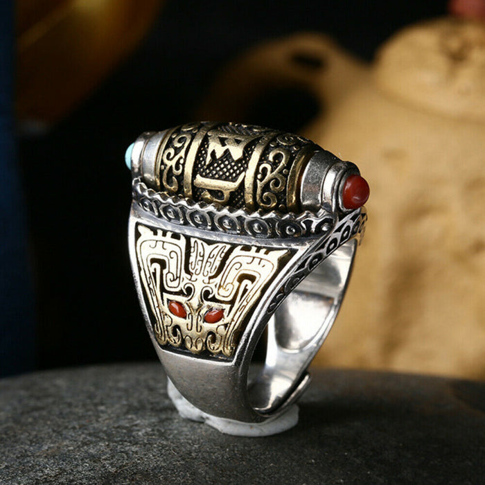 Real Solid 925 Sterling Silver Turquoise Red Onyx Rings Om Mani Padme Hum Rotation Fine Jewelry Open Size Adjustable