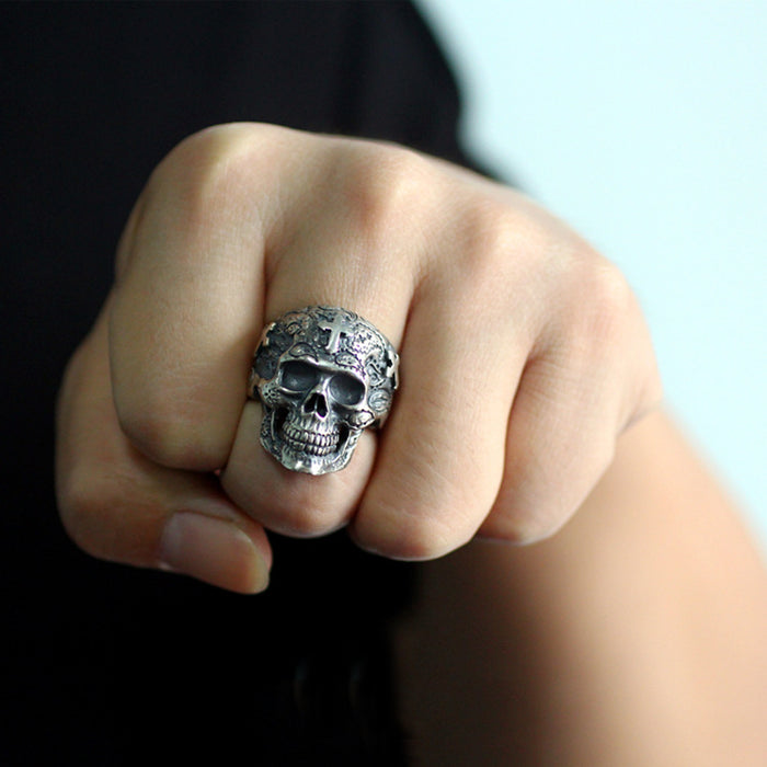 Men's Punk Real Solid 925 Sterling Silver Ring Cross Skulls Gothic Hip Hop Jewelry Size 8-11