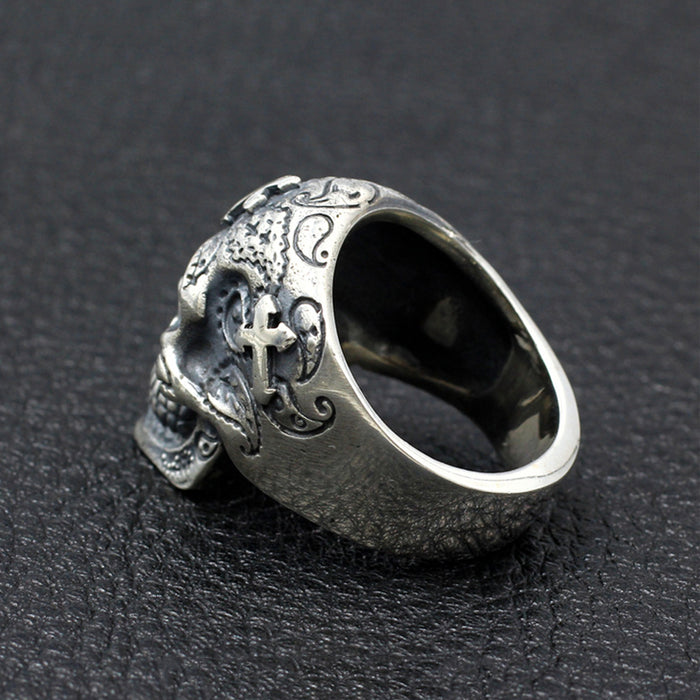 Men's Punk Real Solid 925 Sterling Silver Ring Cross Skulls Gothic Hip Hop Jewelry Size 8-11