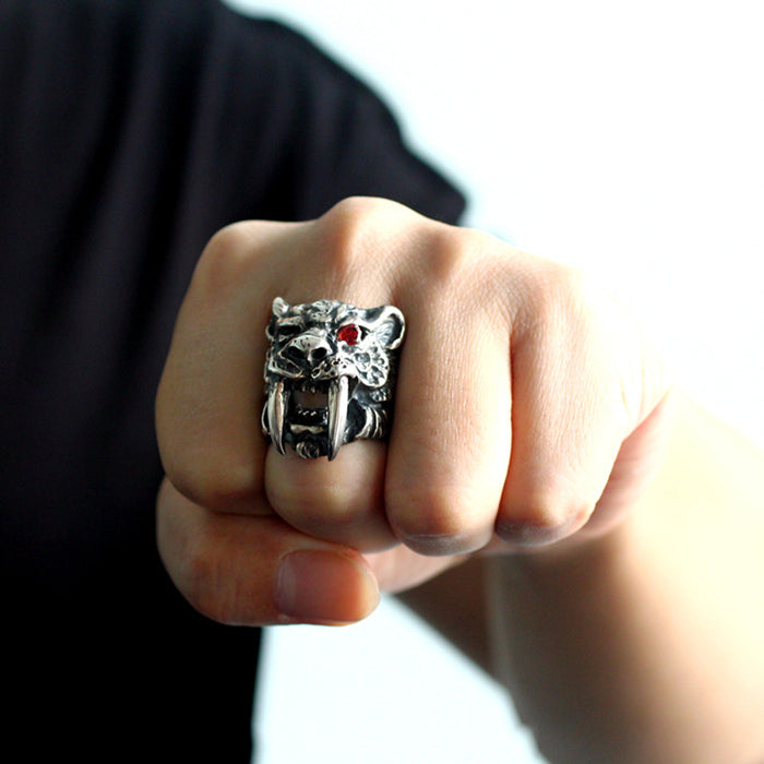 Men's Heavy Punk Real Solid 925 Sterling Silver Ring Animals Leopard Tiger Fangs Gothic Jewelry Size 8-11