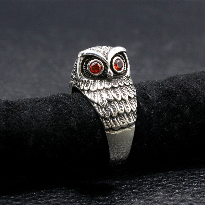 Men's Real Solid 925 Sterling Silver Red Gemstone Ring Animals Owl Punk Jewelry Size 7-11