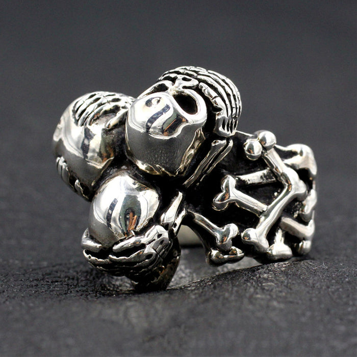 Men's Huge Punk Real Solid 925 Sterling Silver Ring Skulls Bone Gothic Jewelry Size 7-11