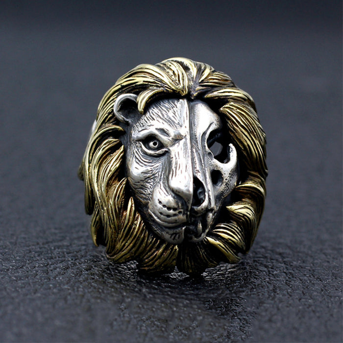 Men's Real Solid 925 Sterling Silver Ring Half Face Half Skulls Lion Leo Animals Gothic Jewelry Size 7-11