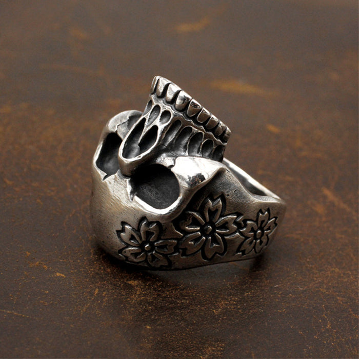 Real Solid 925 Sterling Silver Ring Skulls Flowers Gothic Hip Hop Jewelry Size 5-11