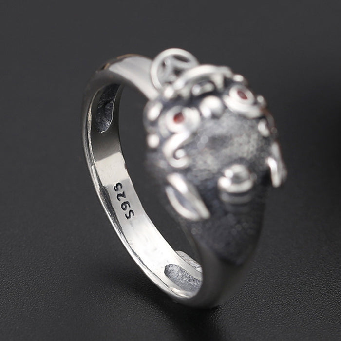 Real Solid 925 Sterling Silver Rings Auspicious Animals Coins CZ Inlay Punk Luck Jewelry Open Size 8-11