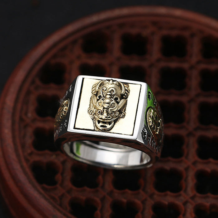 Real Solid 925 Sterling Silver Rings Om Mani Padme Hum Auspicious Animals Punk Luck Jewelry Open Size 9-11