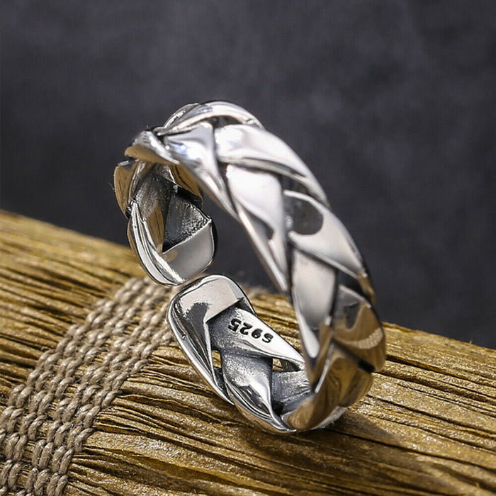 Real Solid 925 Sterling Silver Rings Braided Twist Fashion Punk Jewelry Open Size 5-7