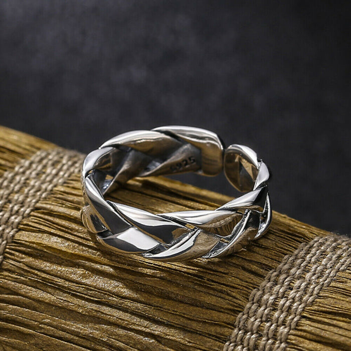 Real Solid 925 Sterling Silver Rings Braided Twist Fashion Punk Jewelry Open Size 5-7