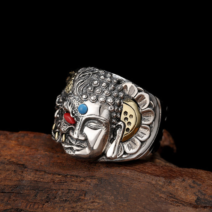 Real Solid 925 Sterling Silver Gemstone Rings Good-and-Evil Buddha Devil Punk Jewelry Open Size 10-12