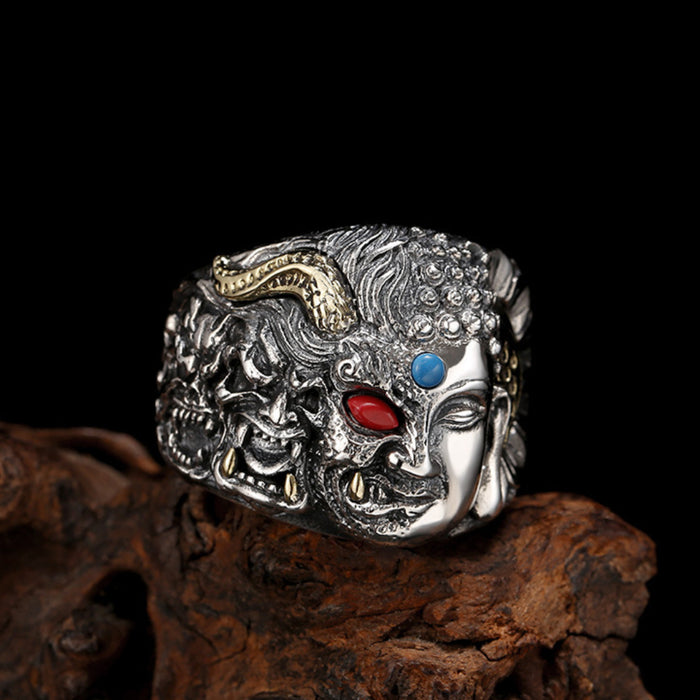 Real Solid 925 Sterling Silver Gemstone Rings Good-and-Evil Buddha Devil Punk Jewelry Open Size 10-12