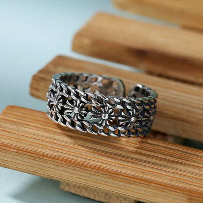 Real Solid 925 Sterling Silver Rings Cross Pierced Braided Twisted Fashion Punk Jewelry Open Size 8-10