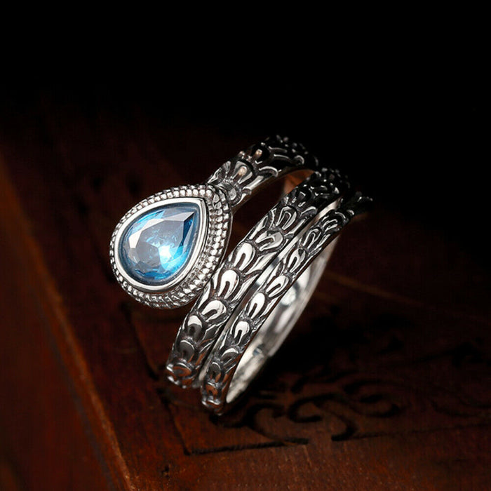 Real Solid 925 Sterling Silver Gemstone Rings Feather Water Drop Fashion Punk Jewelry Open Size 6-9
