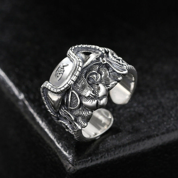 Real Solid 925 Sterling Silver Rings Cat Animals Fish Bone Punk Jewelry Open Size 9-12