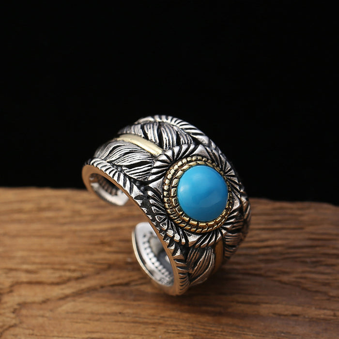 Real Solid 925 Sterling Silver Turquoise Rings Feather Round Fashion Punk Jewelry Open Size 8-10