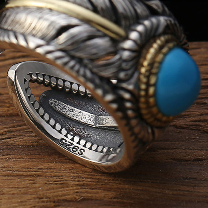 Real Solid 925 Sterling Silver Turquoise Rings Feather Round Fashion Punk Jewelry Open Size 8-10