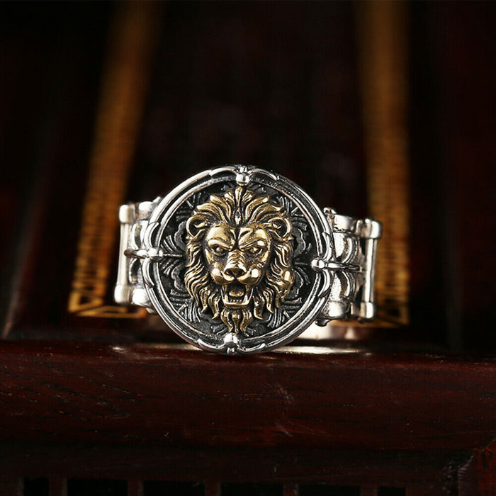 Real Solid 925 Sterling Silver Rings Lion Animals Round Gothic Punk Jewelry Open Size 8-10