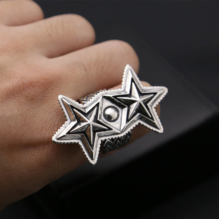 Real Solid 925 Sterling Silver Rings Pentagram Star Fashion Punk Jewelry Open Size 10-12