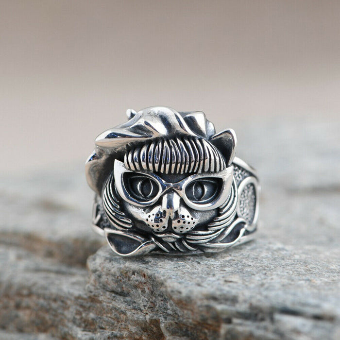 Real Solid 925 Sterling Silver Rings Cat King Animals Fashion Punk Jewelry Open Size Adjustable