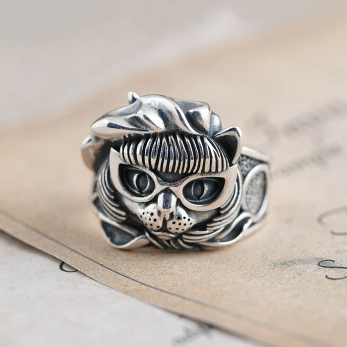 Real Solid 925 Sterling Silver Rings Cat King Animals Fashion Punk Jewelry Open Size Adjustable