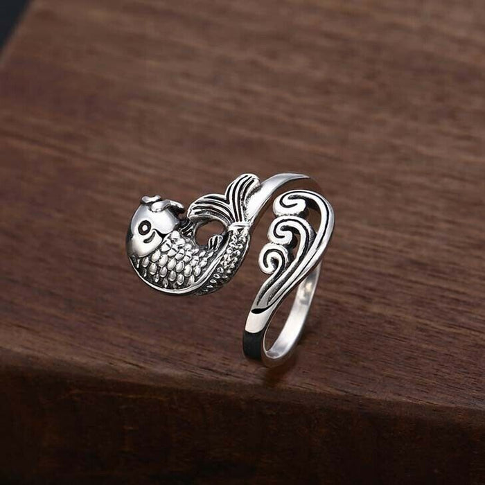 Real Solid 925 Sterling Silver Rings Carp Waves Fish Animals Fashion Punk Jewelry Open Size 7-9