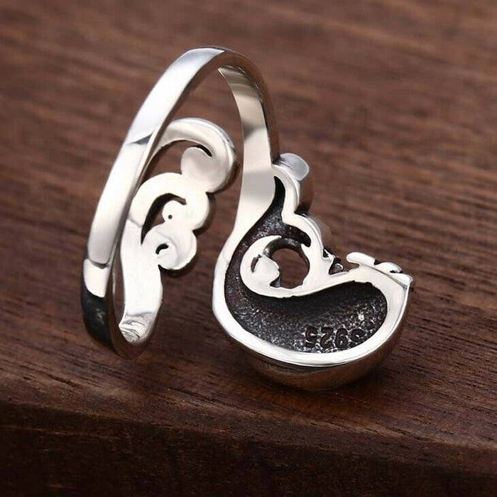 Real Solid 925 Sterling Silver Rings Carp Waves Fish Animals Fashion Punk Jewelry Open Size 7-9