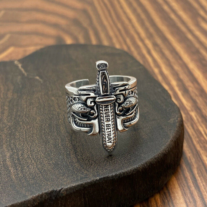 Real Solid 925 Sterling Silver Rings Warrior Sword Snake Cross Punk Jewelry Open Size Adjustable
