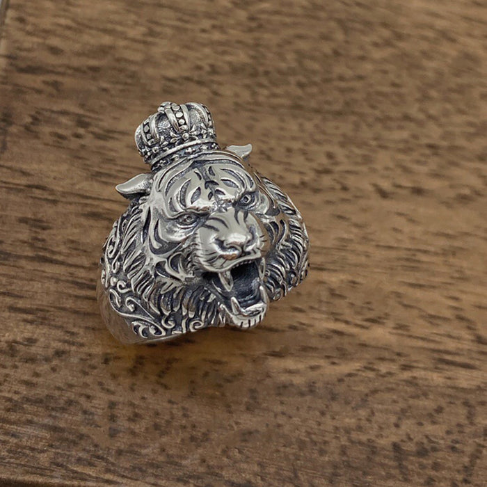 Real Solid 925 Sterling Silver Rings Animals Tiger King Fashion Punk Jewelry Open Size Adjustable