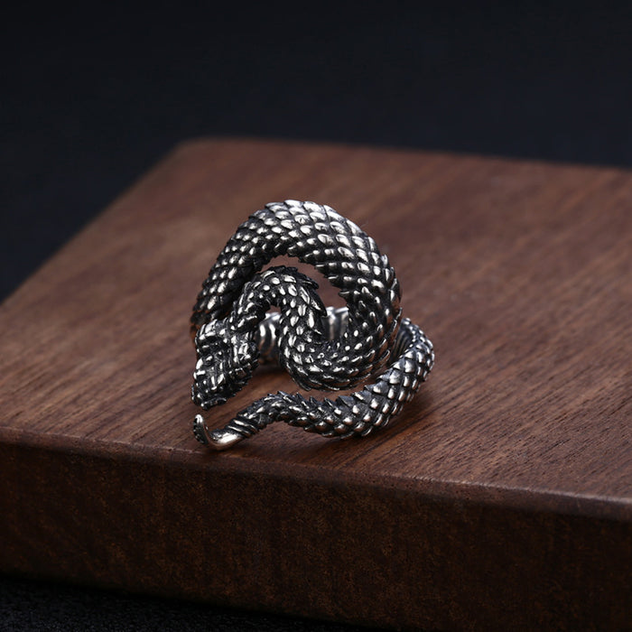 Real Solid 925 Sterling Silver Rings Snake King Animals Fashion Punk Open Size Adjustable 7-10