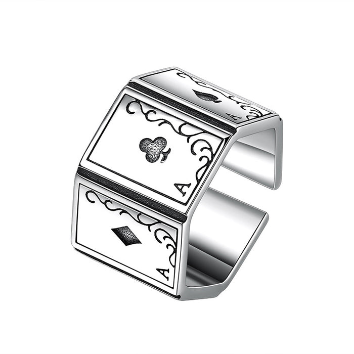 Real Solid 925 Sterling Silver Rings Poker Solitaire Games Rectangle Fashion Hip Hop Punk Jewelry Open Size Adjustable 7.5-10