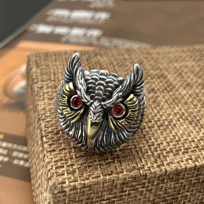 Real Solid 925 Sterling Silver Ring Animals Owl Feather Hip Hop Rock Jewelry Open Size Adjustable 9-11