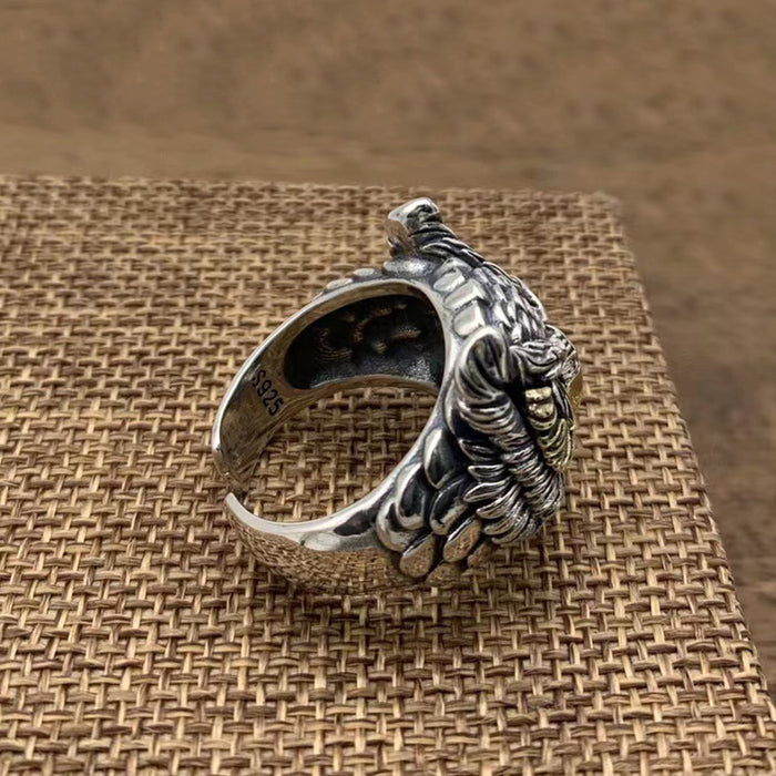 Real Solid 925 Sterling Silver Ring Animals Owl Feather Hip Hop Rock Jewelry Open Size Adjustable 9-11