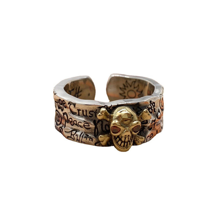 Real Solid 925 Sterling Silver Ring Skulls Graffiti Hip Hop Rock Jewelry Open Size 8-11