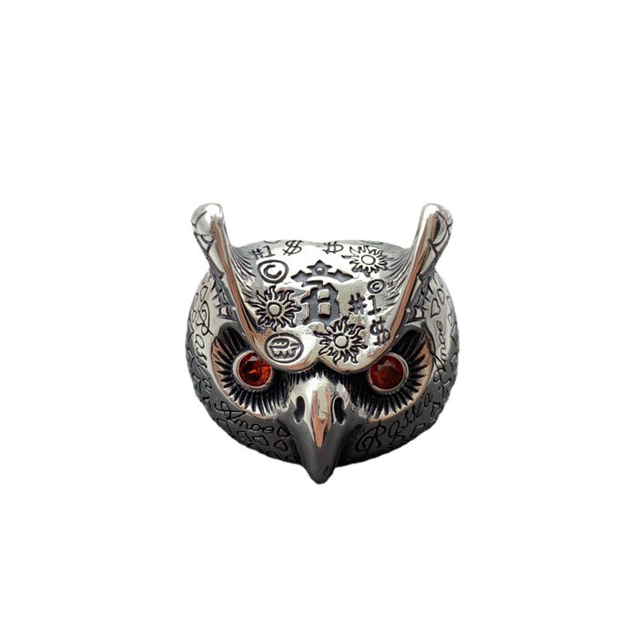 Real Solid 925 Sterling Silver Ring Animals Owl Graffiti Hip Hop Rock Jewelry Open Size 9-11