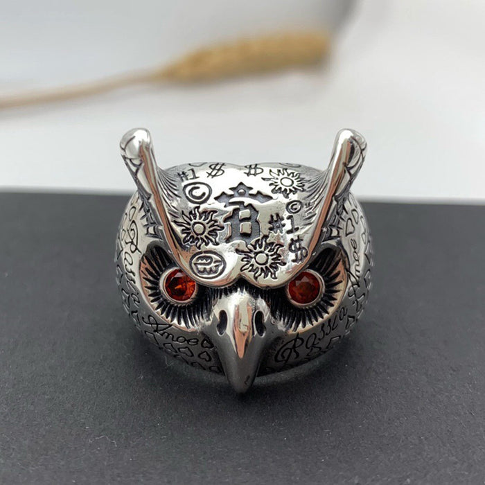 Real Solid 925 Sterling Silver Ring Animals Owl Graffiti Hip Hop Rock Jewelry Open Size 9-11