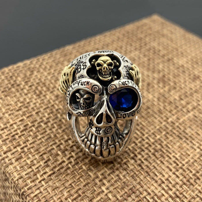 Real Solid 925 Sterling Silver Ring Skulls King Graffiti Hip Hop Rock Jewelry Open Size 8-10