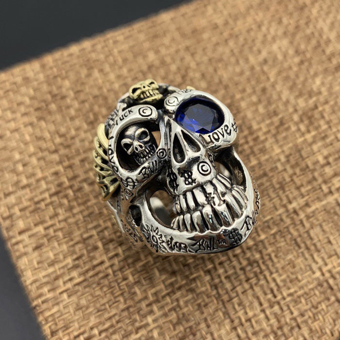 Real Solid 925 Sterling Silver Ring Skulls King Graffiti Hip Hop Rock Jewelry Open Size 8-10