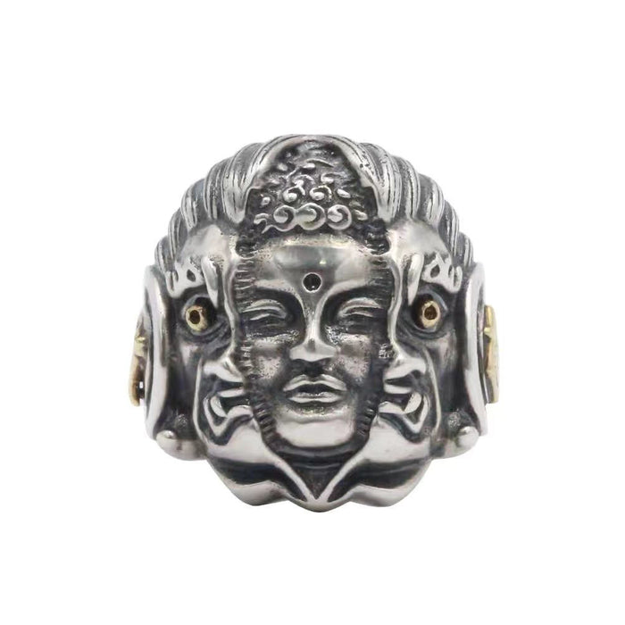 Real Solid 925 Sterling Silver Ring Good-and-Evil Devil Buddha Punk Jewelry Open Size 7.5-10