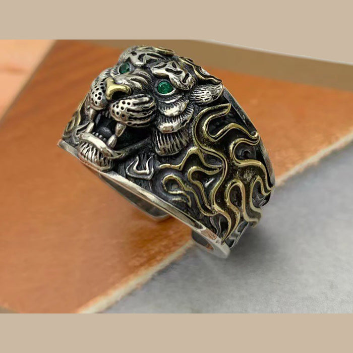 Real Solid 925 Sterling Silver Rings Tiger Animals Punk Jewelry Open Size 9-11
