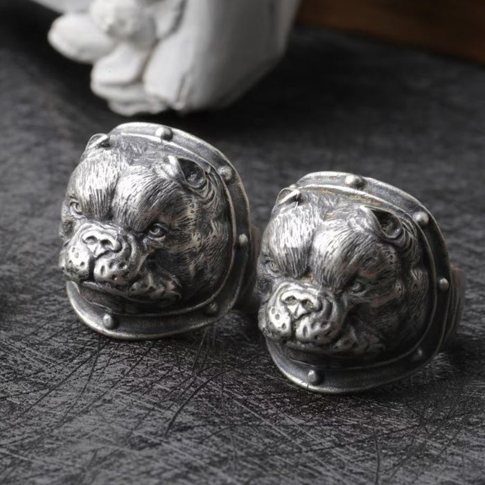 Real Solid 925 Sterling Silver Rings Bulldog Dog Animals Punk Jewelry Open Size 8-10