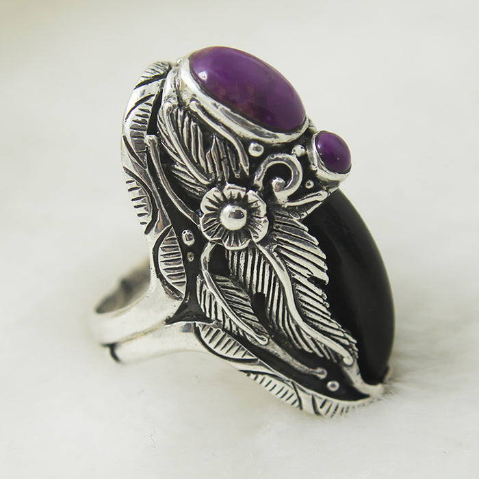 Real Solid 925 Sterling Silver Charm Rings Charoite Black Agate Fashion Jewelry Open Size 8-10